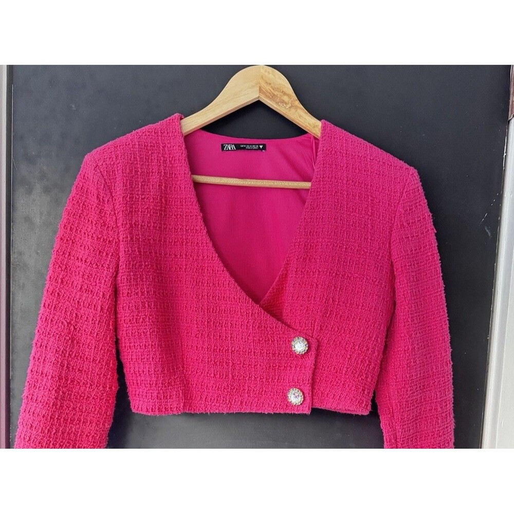 zara cropped blazer jacket Pink knit textured Size M 100% Cotton Preppy 2 button